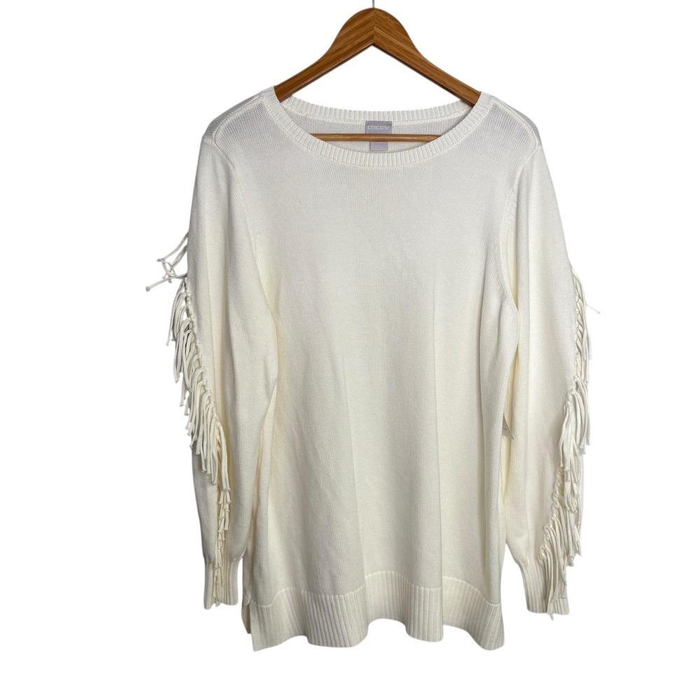 Chicos Womens Sweater 3 (XL) White Fringe Unique Peasant Fairy Artsy Feminine